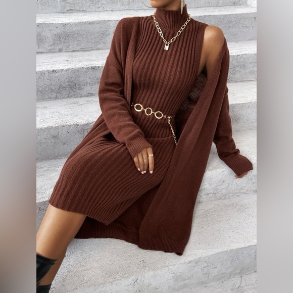 Drop Shoulder Duster Cardigan & Mock Neck Sweater Dress Without Belt - Picture 3 of 7